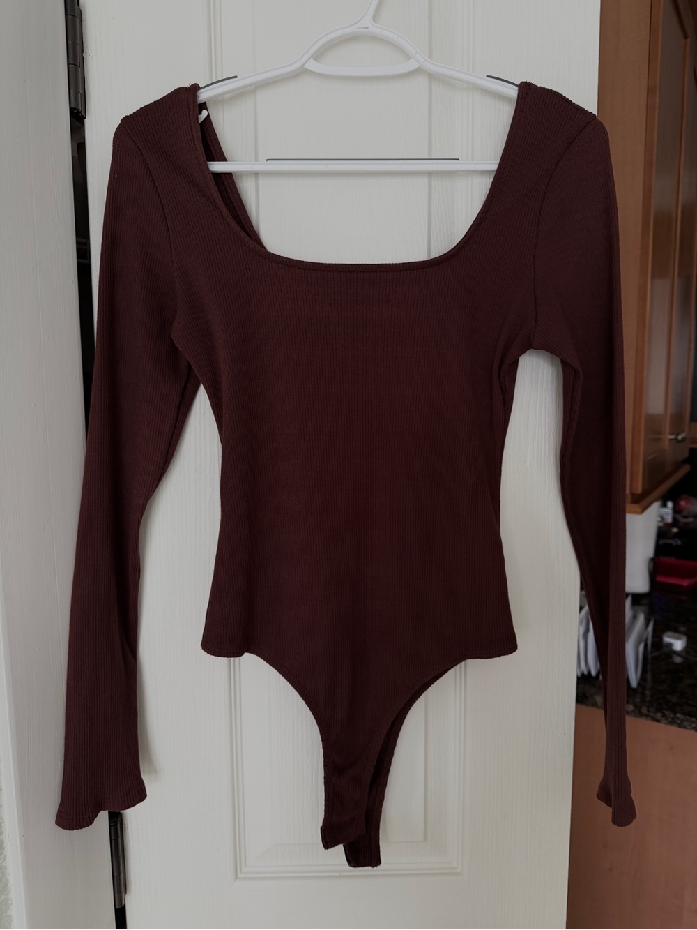 Altar'd State Ribbed Long Sleeve Square Neck Bodysuit - Chocolate Brown